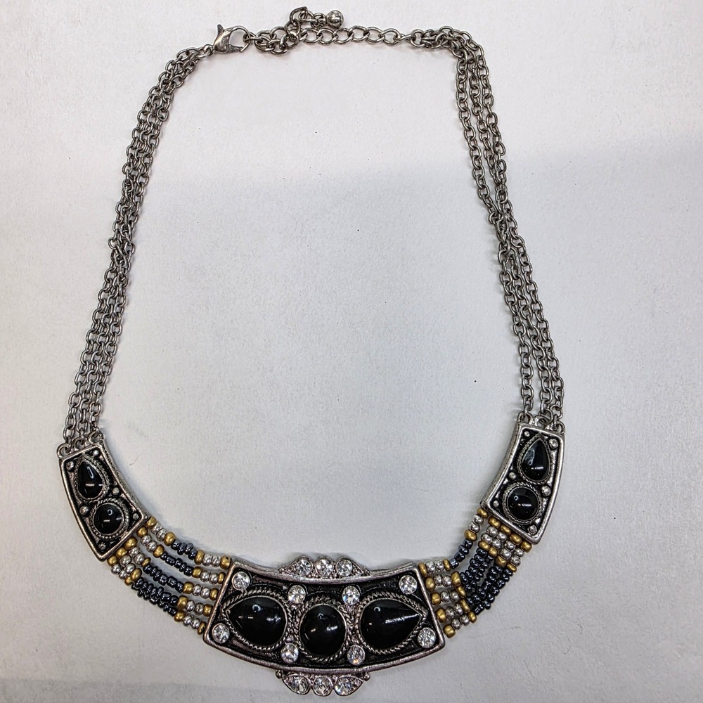 Art Deco Bib Statement Necklace 16" Black Silver Gold Boho‎ Rhinestone Roman